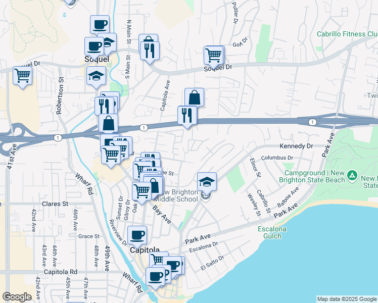 map of restaurants, bars, coffee shops, grocery stores, and more near 930 Rosedale Avenue in Capitola