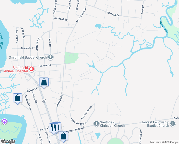map of restaurants, bars, coffee shops, grocery stores, and more near 306 Lakeview Cove in Smithfield