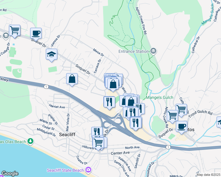 map of restaurants, bars, coffee shops, grocery stores, and more near in Aptos
