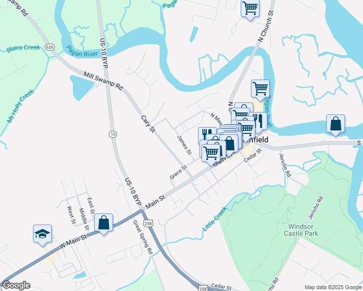 map of restaurants, bars, coffee shops, grocery stores, and more near 228 James Street in Smithfield