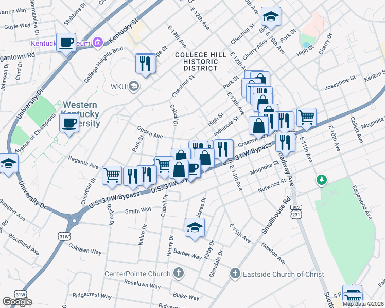 map of restaurants, bars, coffee shops, grocery stores, and more near 1521 Kenton Street in Bowling Green