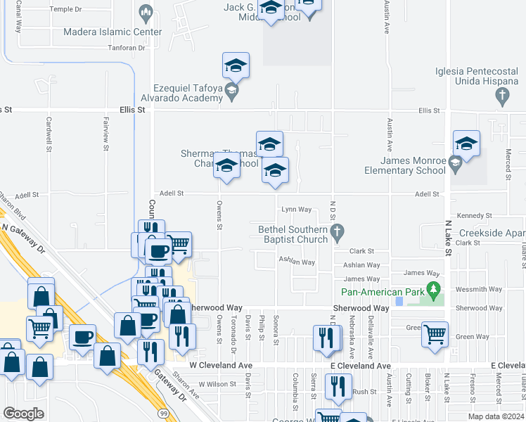 map of restaurants, bars, coffee shops, grocery stores, and more near 100 Adell St in Madera
