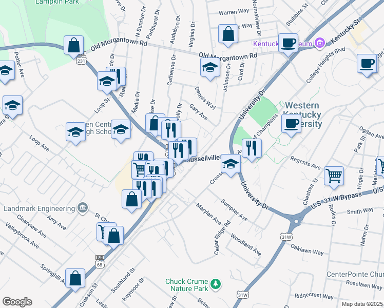 map of restaurants, bars, coffee shops, grocery stores, and more near 1799 Russellville Road in Bowling Green