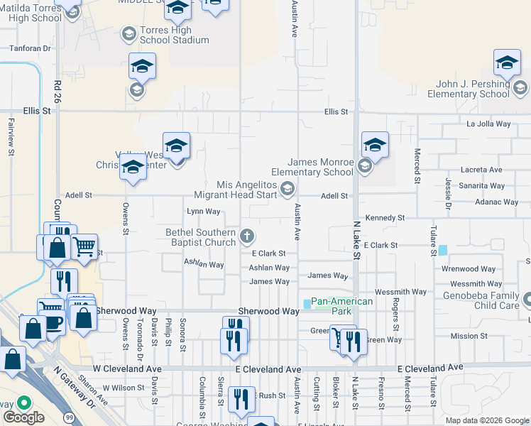 map of restaurants, bars, coffee shops, grocery stores, and more near 510 Adell Street in Madera