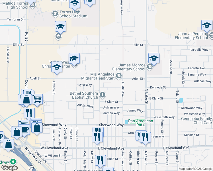 map of restaurants, bars, coffee shops, grocery stores, and more near 510 Adell Street in Madera