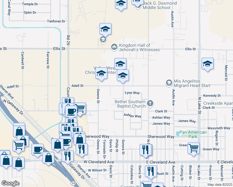 map of restaurants, bars, coffee shops, grocery stores, and more near 100 Adell Street in Madera
