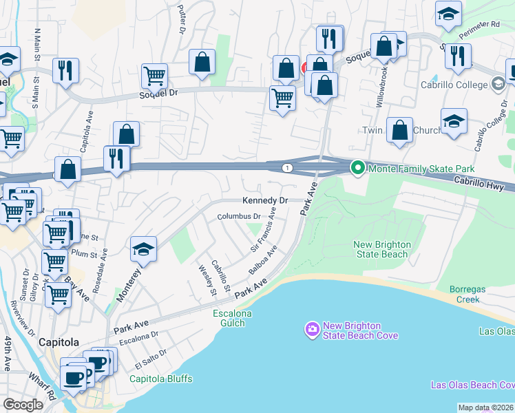 map of restaurants, bars, coffee shops, grocery stores, and more near 940A Kennedy Drive in Capitola