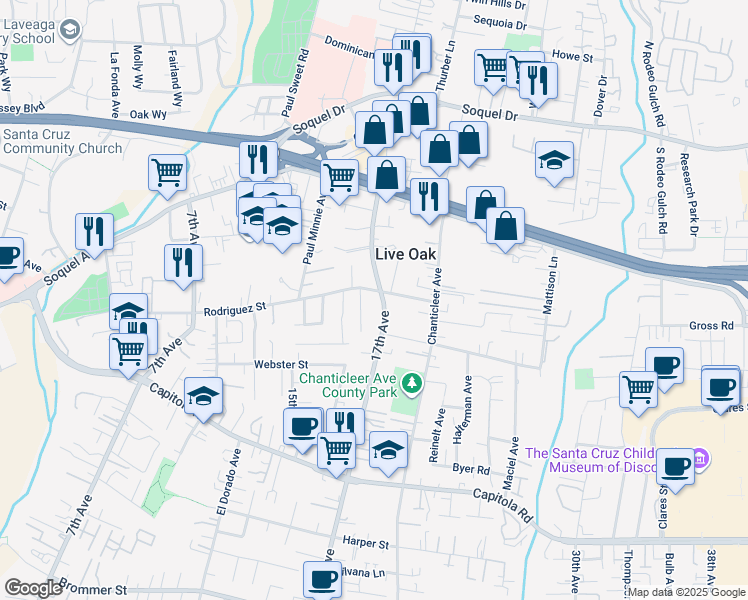 map of restaurants, bars, coffee shops, grocery stores, and more near 2200 17th Avenue in Santa Cruz