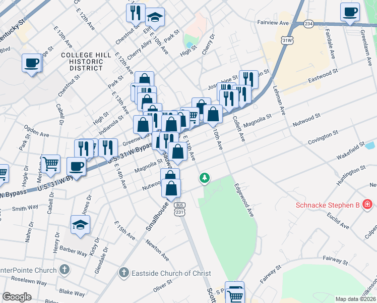 map of restaurants, bars, coffee shops, grocery stores, and more near 1103 Magnolia Street in Bowling Green