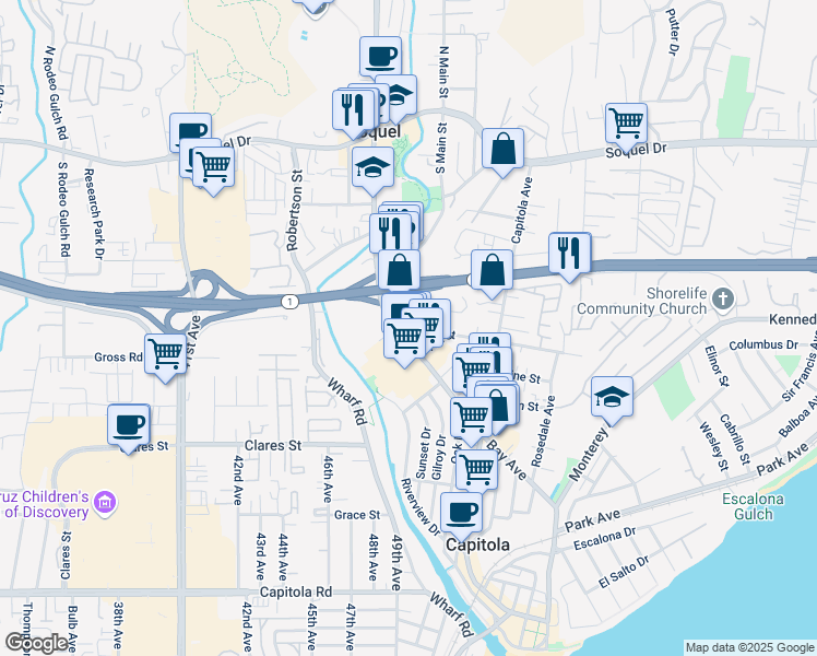 map of restaurants, bars, coffee shops, grocery stores, and more near 830 Bay Avenue in Capitola