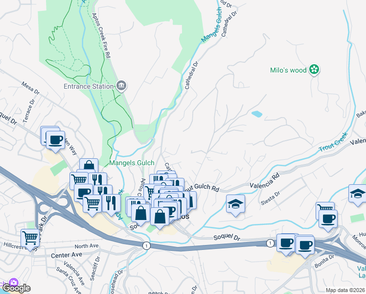 map of restaurants, bars, coffee shops, grocery stores, and more near 532 Moonrise Lane in Aptos