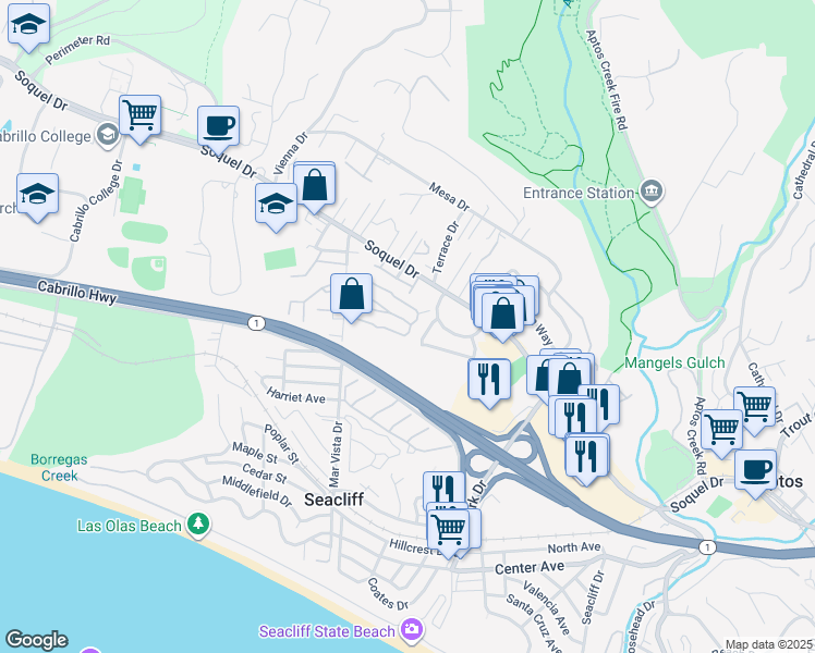 map of restaurants, bars, coffee shops, grocery stores, and more near 34 Primrose Street in Aptos