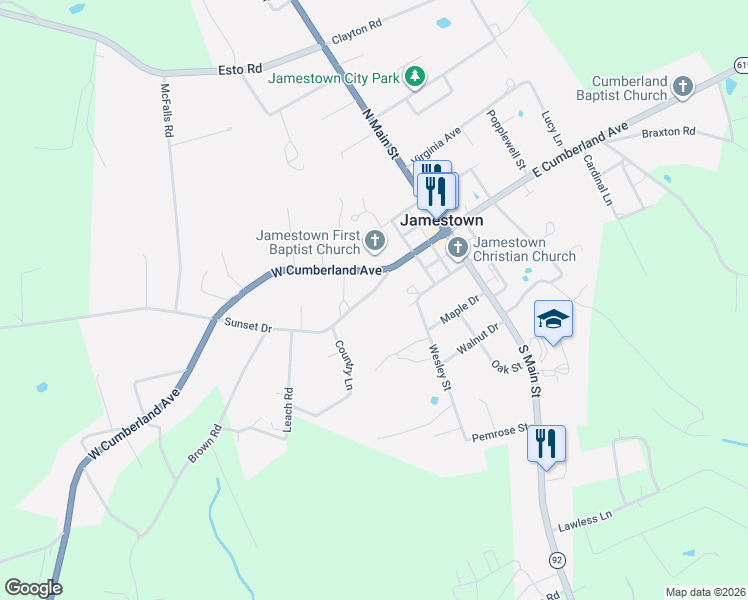 map of restaurants, bars, coffee shops, grocery stores, and more near Sunset Drive in Jamestown