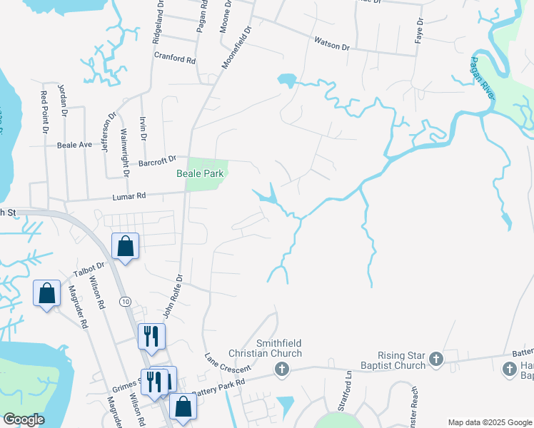 map of restaurants, bars, coffee shops, grocery stores, and more near 306 Lakeview Cove in Smithfield