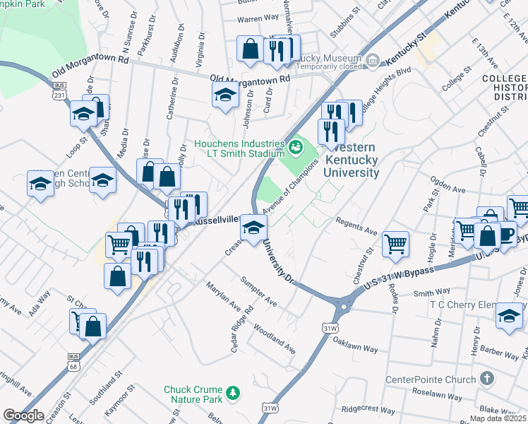 map of restaurants, bars, coffee shops, grocery stores, and more near 1776 Avenue Of Champions in Bowling Green
