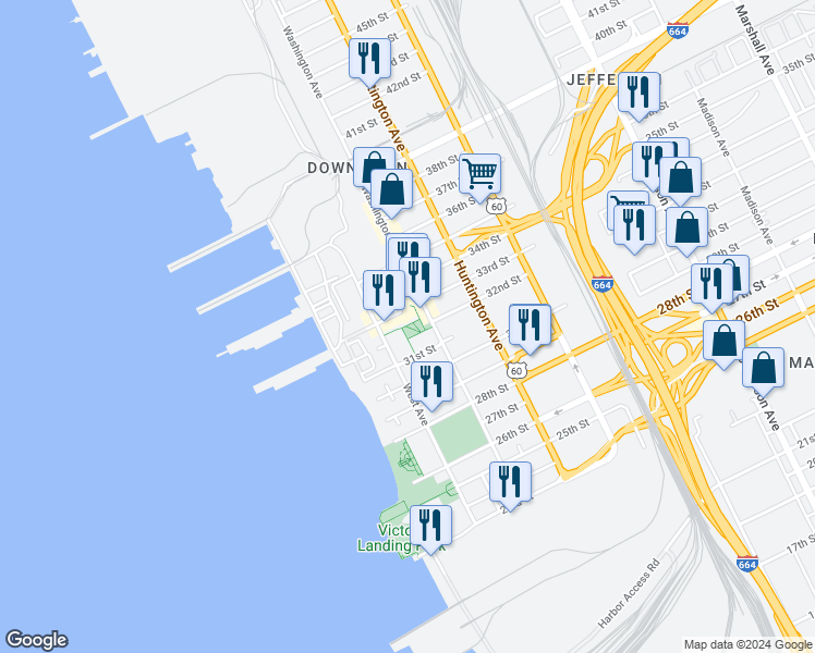 map of restaurants, bars, coffee shops, grocery stores, and more near 3201 Washington Avenue in Newport News