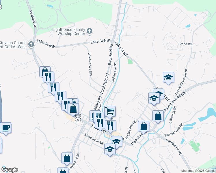map of restaurants, bars, coffee shops, grocery stores, and more near 605 Birchfield Road in Wise
