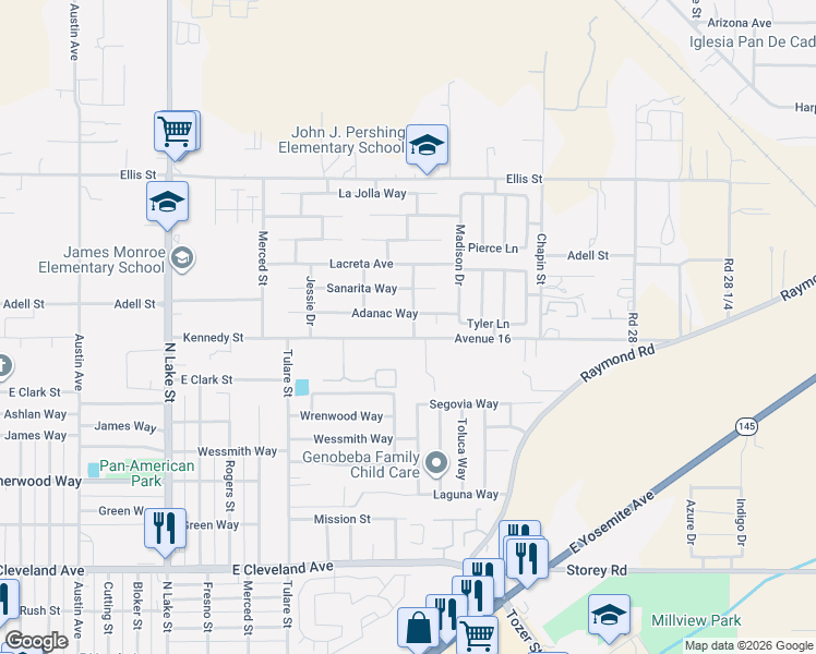 map of restaurants, bars, coffee shops, grocery stores, and more near 1613 Adanac Way in Madera