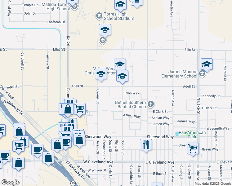 map of restaurants, bars, coffee shops, grocery stores, and more near 100 Adell Street in Madera