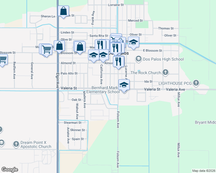 map of restaurants, bars, coffee shops, grocery stores, and more near 1817 California Avenue in Dos Palos