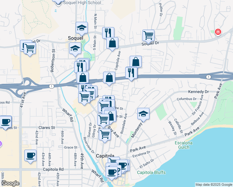 map of restaurants, bars, coffee shops, grocery stores, and more near 912 Capitola Avenue in Capitola