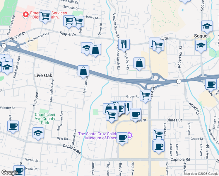 map of restaurants, bars, coffee shops, grocery stores, and more near 3827 Fenn Way in Santa Cruz