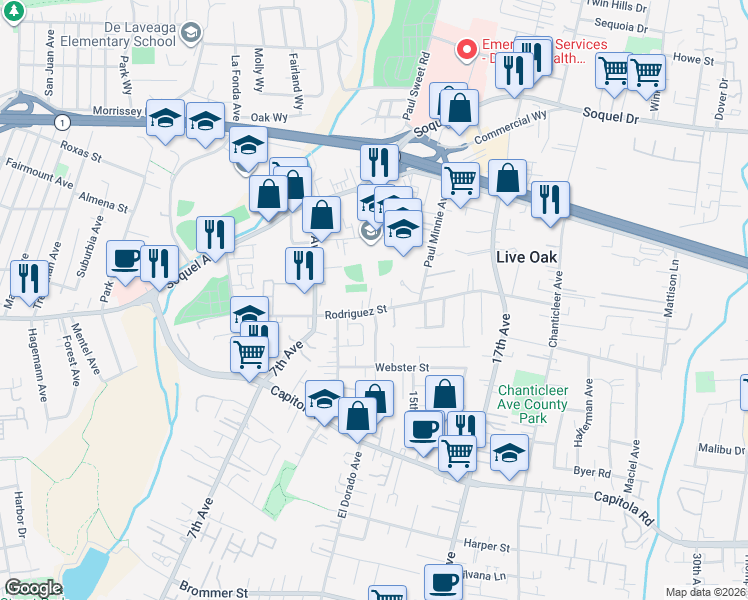 map of restaurants, bars, coffee shops, grocery stores, and more near 2225 Spencer Court in Santa Cruz