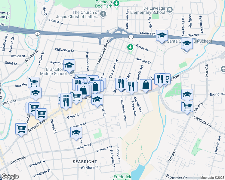 map of restaurants, bars, coffee shops, grocery stores, and more near 130 Marnell Avenue in Santa Cruz
