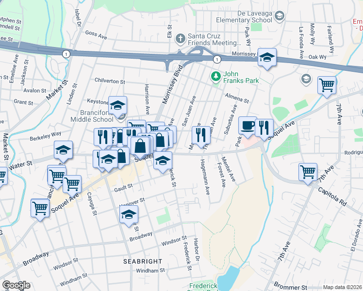map of restaurants, bars, coffee shops, grocery stores, and more near 129 San Juan Avenue in Santa Cruz