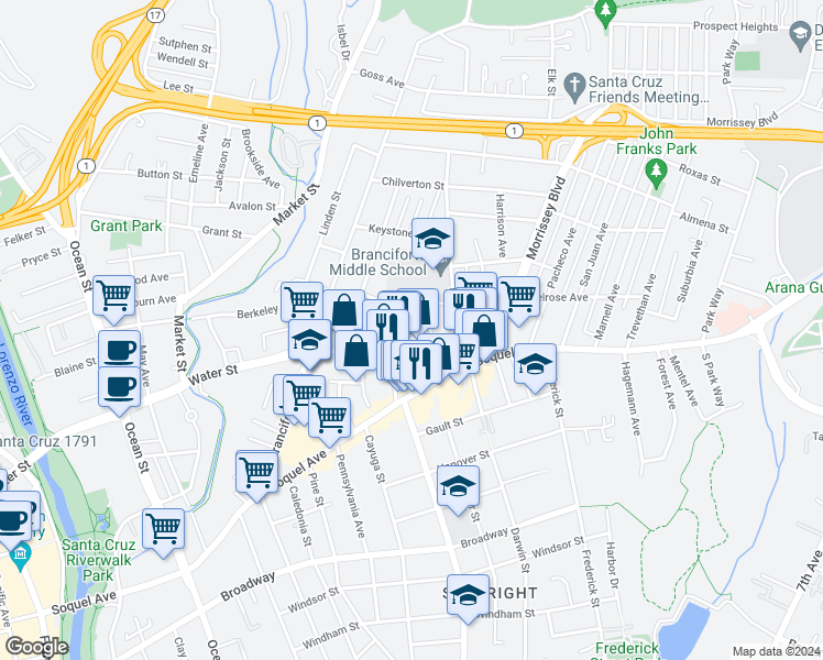 map of restaurants, bars, coffee shops, grocery stores, and more near 130 Magnolia Street in Santa Cruz