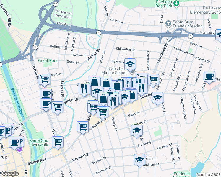 map of restaurants, bars, coffee shops, grocery stores, and more near 123 Dake Avenue in Santa Cruz