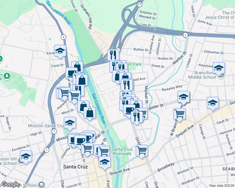 map of restaurants, bars, coffee shops, grocery stores, and more near 124 Kennan Street in Santa Cruz