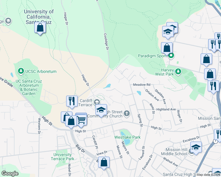 map of restaurants, bars, coffee shops, grocery stores, and more near 210 Quarry Lane in Santa Cruz