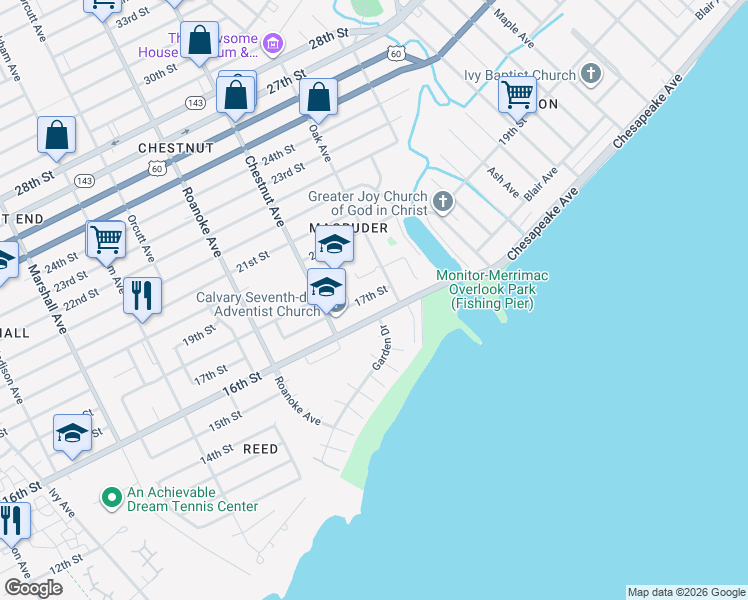 map of restaurants, bars, coffee shops, grocery stores, and more near 1245 17th Street in Newport News