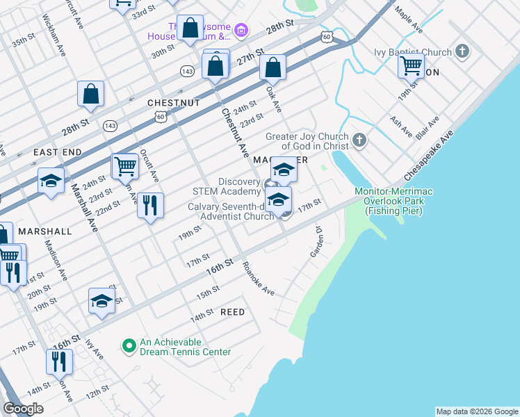 map of restaurants, bars, coffee shops, grocery stores, and more near 1163 18th Street in Newport News