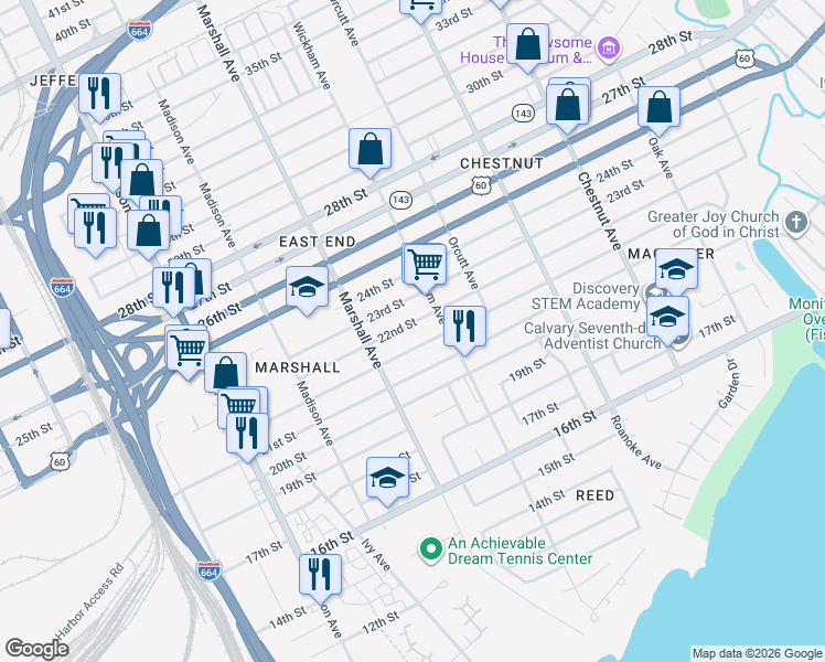 map of restaurants, bars, coffee shops, grocery stores, and more near 843 22nd Street in Newport News