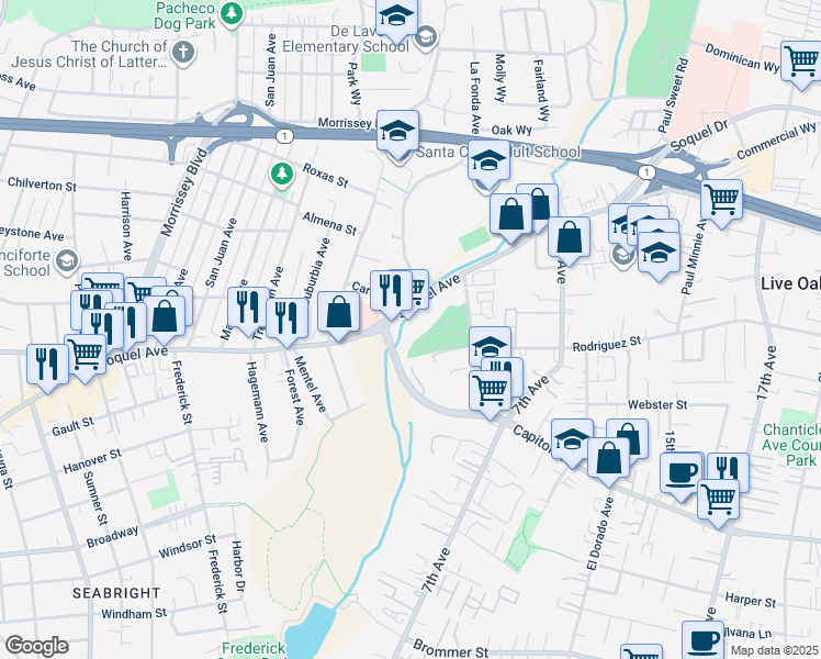map of restaurants, bars, coffee shops, grocery stores, and more near in Santa Cruz