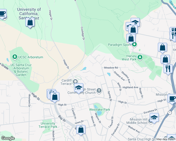map of restaurants, bars, coffee shops, grocery stores, and more near 210 Quarry Lane in Santa Cruz
