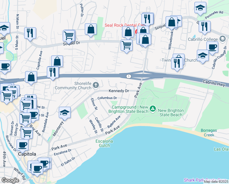 map of restaurants, bars, coffee shops, grocery stores, and more near 940A Kennedy Drive in Capitola