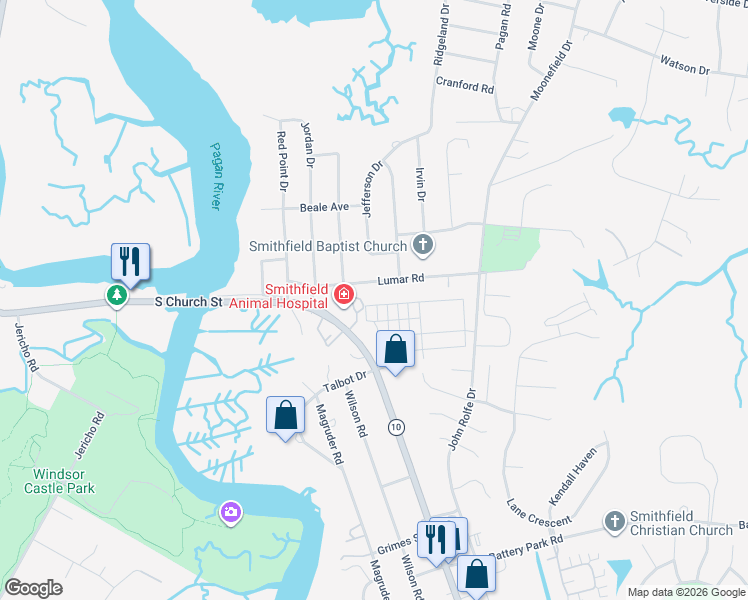 map of restaurants, bars, coffee shops, grocery stores, and more near 120 Lumar Road in Smithfield