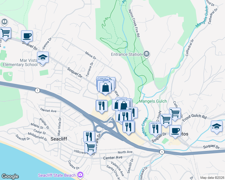 map of restaurants, bars, coffee shops, grocery stores, and more near 7556 Arden Way in Aptos