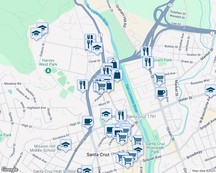 map of restaurants, bars, coffee shops, grocery stores, and more near 420 River Street in Santa Cruz