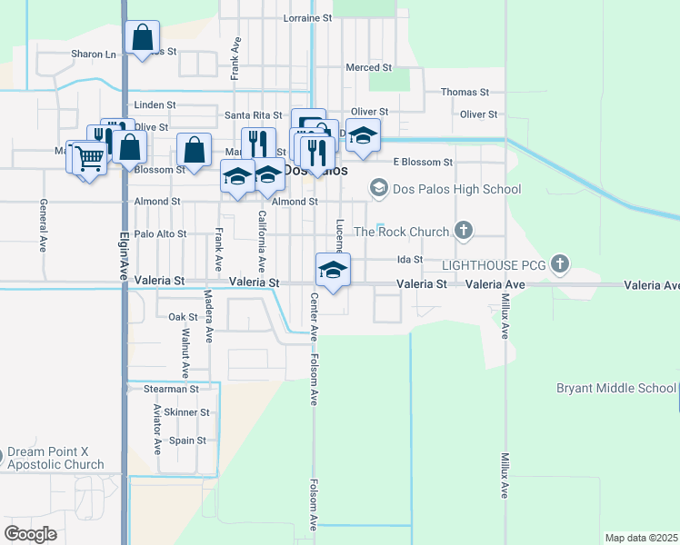 map of restaurants, bars, coffee shops, grocery stores, and more near 1801 Lucerne Avenue in Dos Palos