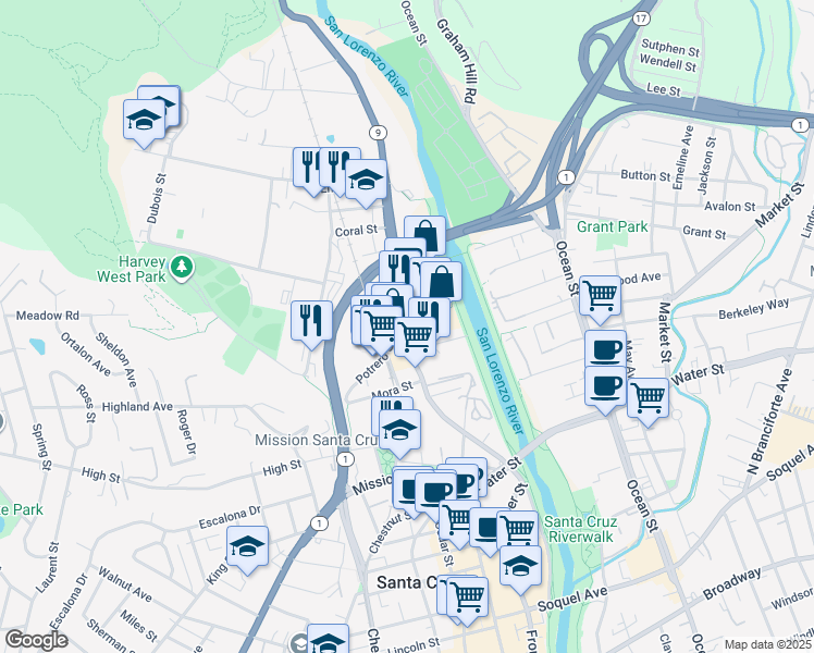 map of restaurants, bars, coffee shops, grocery stores, and more near 512 River Street in Santa Cruz