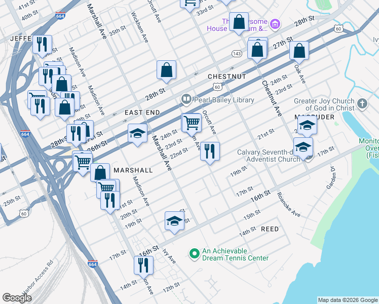 map of restaurants, bars, coffee shops, grocery stores, and more near 843 22nd Street in Newport News