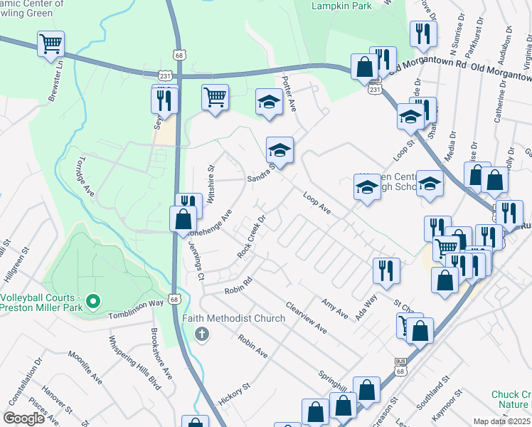 map of restaurants, bars, coffee shops, grocery stores, and more near 2047 Rock Creek Drive in Bowling Green