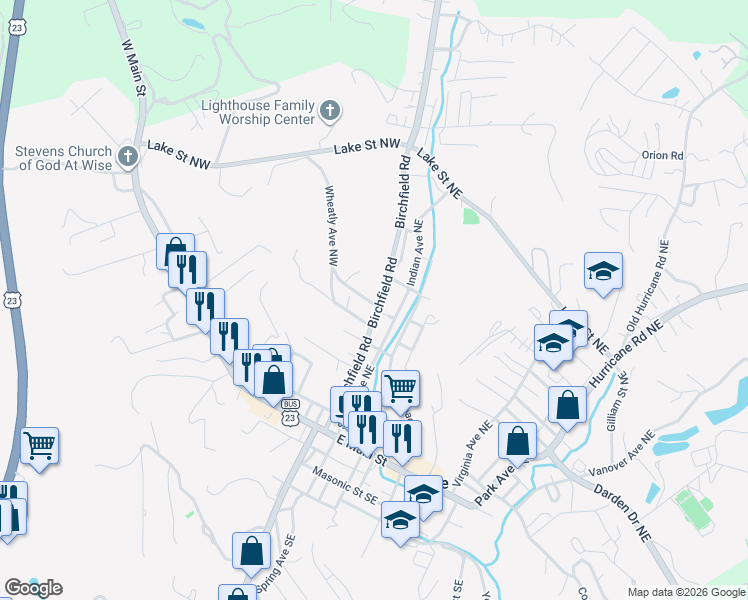 map of restaurants, bars, coffee shops, grocery stores, and more near 605 Birchfield Road in Wise