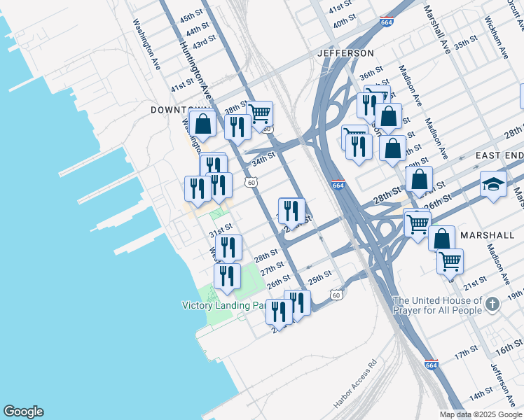 map of restaurants, bars, coffee shops, grocery stores, and more near 3007 Huntington Avenue in Newport News