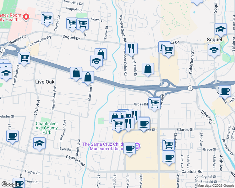 map of restaurants, bars, coffee shops, grocery stores, and more near 3827 Fenn Way in Santa Cruz