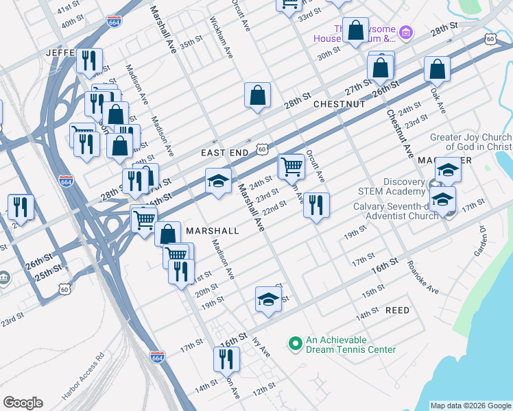 map of restaurants, bars, coffee shops, grocery stores, and more near 810 23rd Street in Newport News
